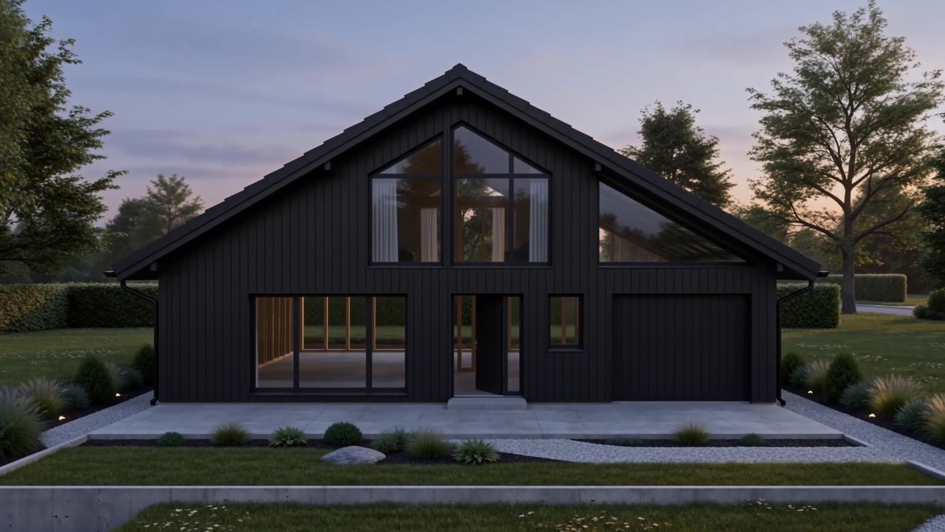 The same house at dusk, shell complete under a pink sky