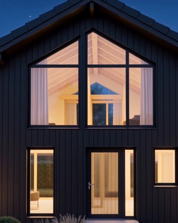 Gable glazing detail with exposed ridge beam, lit from inside