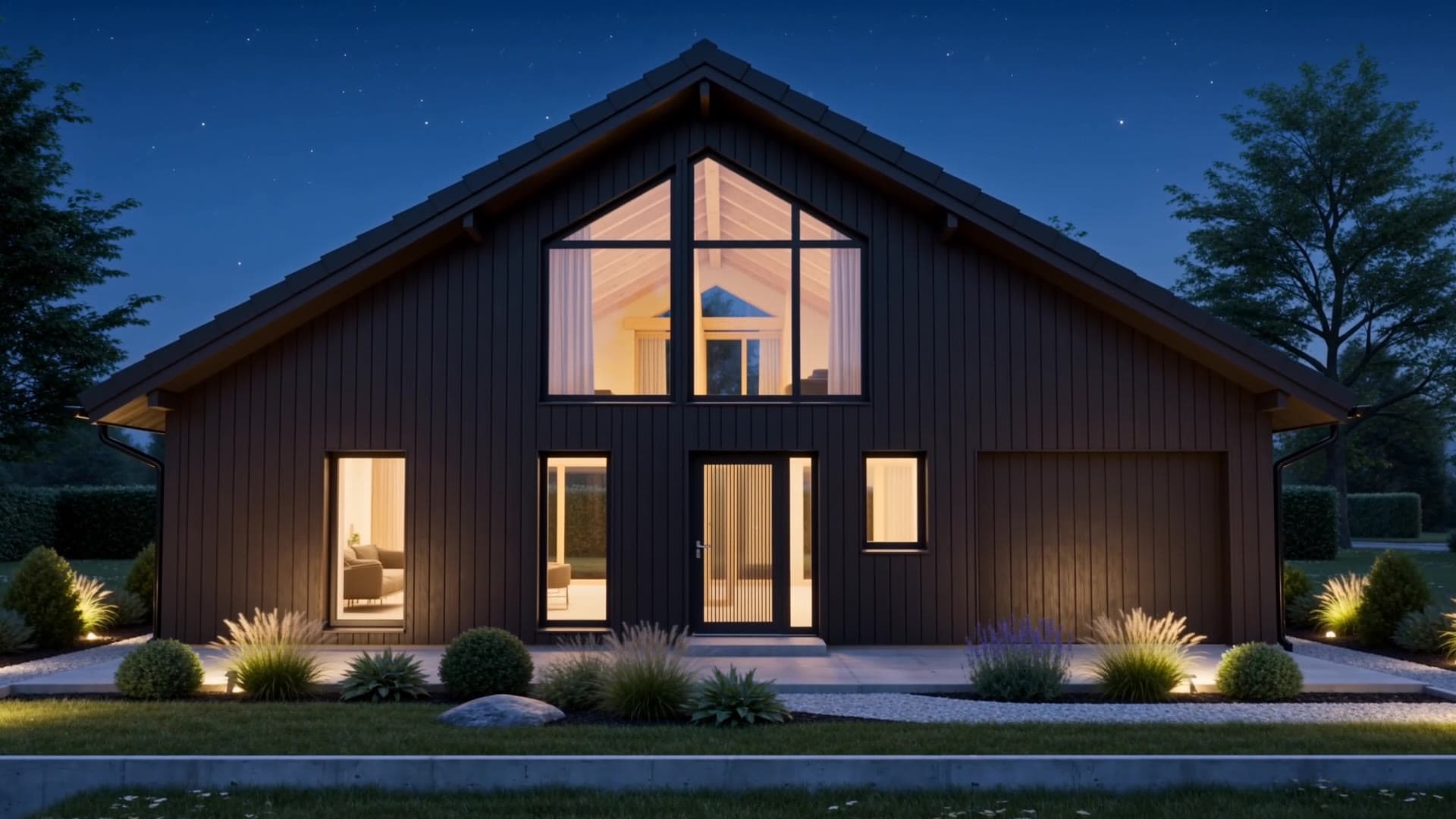 Villa Aspliden at night: black timber façade, glowing gable glazing and lit garden path