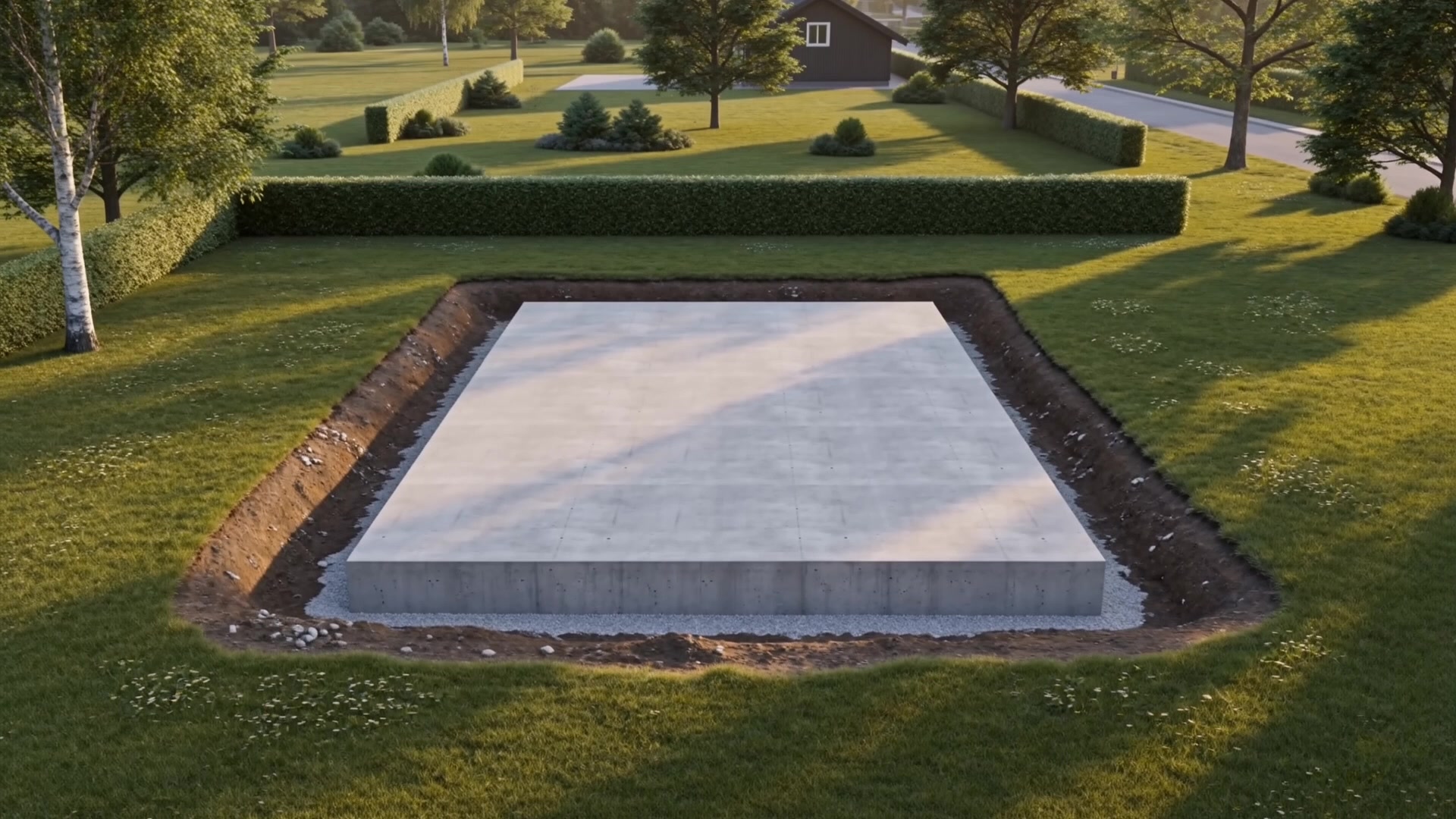 A Fellmark family home in a garden in Kristinehamn, shown from bare foundation slab to finished, warmly lit house